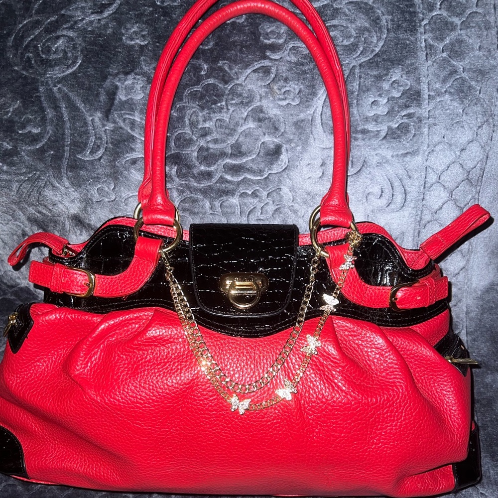 SOLD Y2K Vintage Muska Milano Red & Black Leather Large Shoulder Bag Satchel